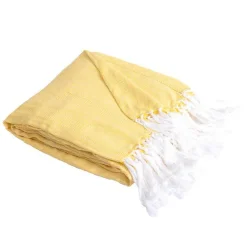 Couverture plaid 100% coton jaune avec franges 180x220cm ZIGORA ->Sacasa Discount