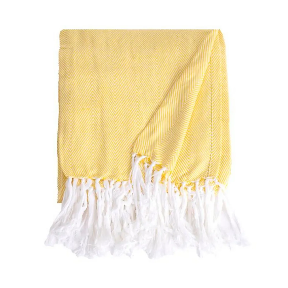 Couverture plaid 100% coton jaune avec franges 180x220cm ZIGORA ->Sacasa Discount