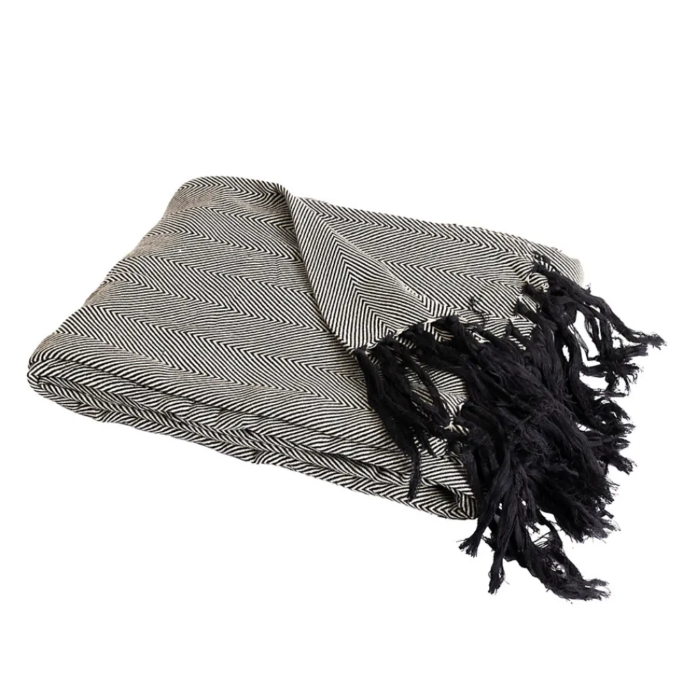 Couverture plaid 100% coton noire avec franges ZIGGY ->Sacasa Discount