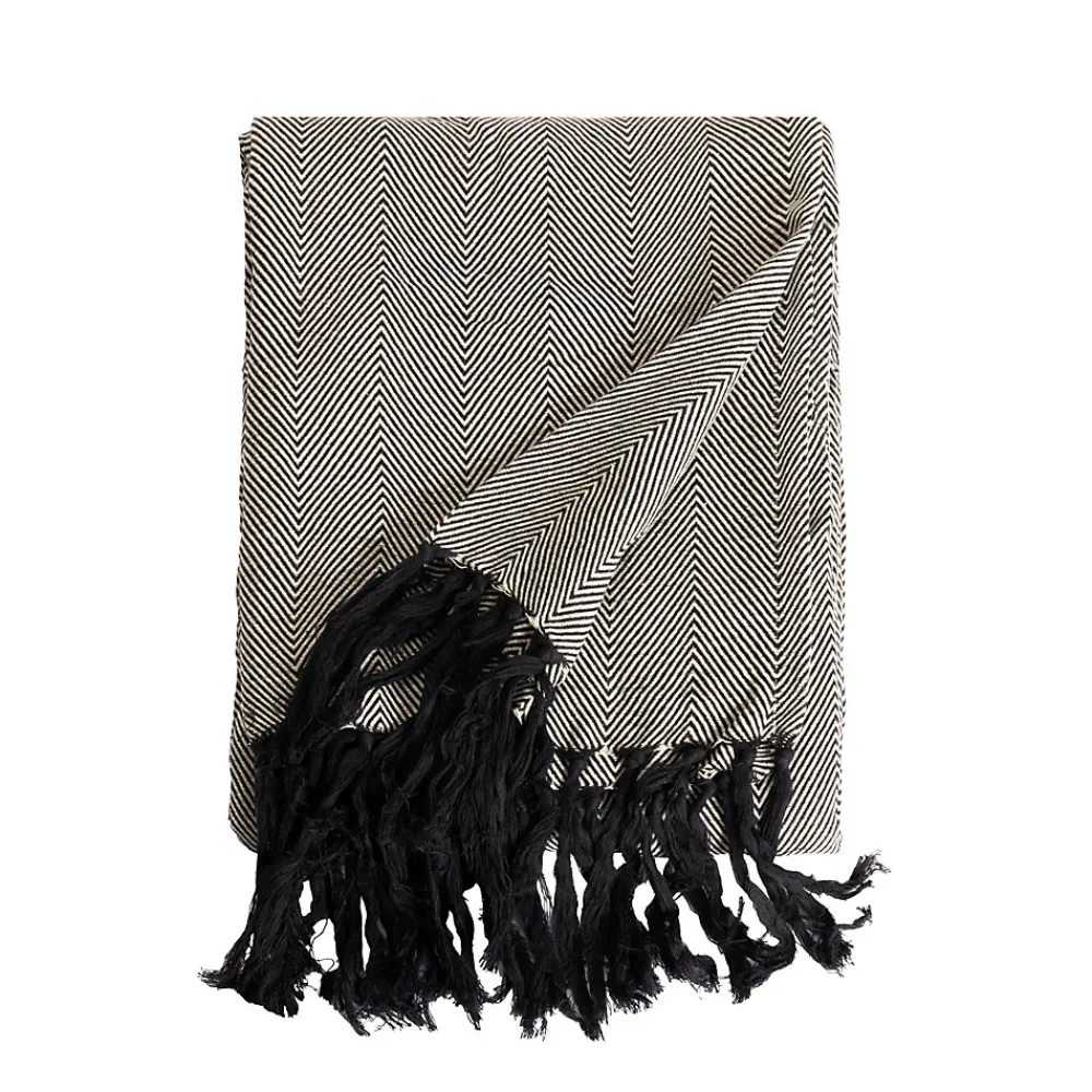 Couverture plaid 100% coton noire avec franges ZIGGY ->Sacasa Discount