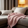 Couverture plaid 100% coton rose pâle avec pompons 130x170cm ARNISKA ->Sacasa