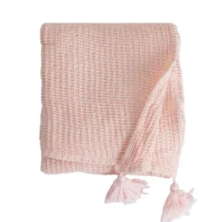 Couverture plaid 100% coton rose pâle avec pompons 130x170cm ARNISKA -><noscript><img width=