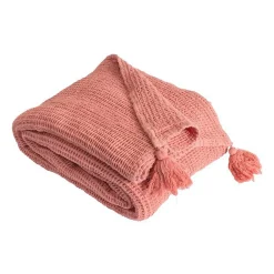 Couverture plaid 100% coton rose saumon avec pompons 130x170cm ARNISKA ->Sacasa New