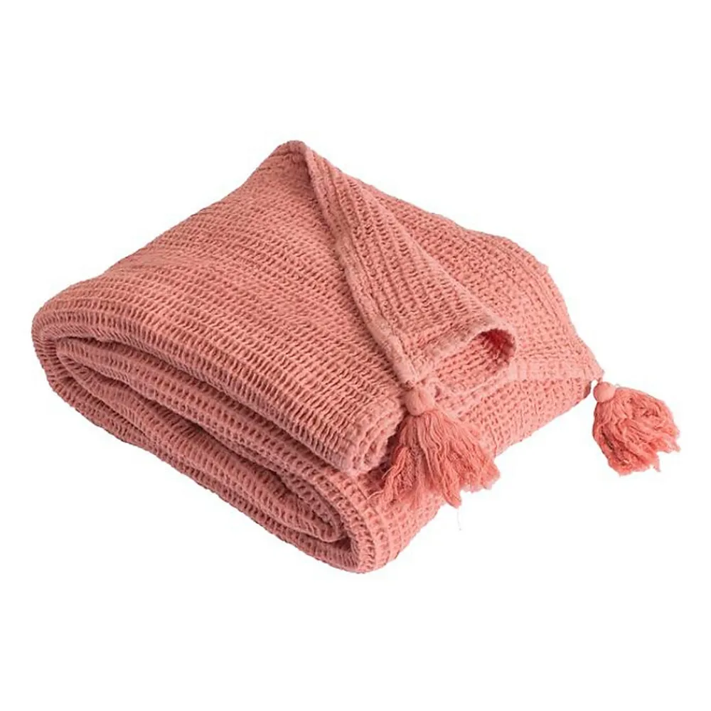 Couverture plaid 100% coton rose saumon avec pompons 130x170cm ARNISKA ->Sacasa New