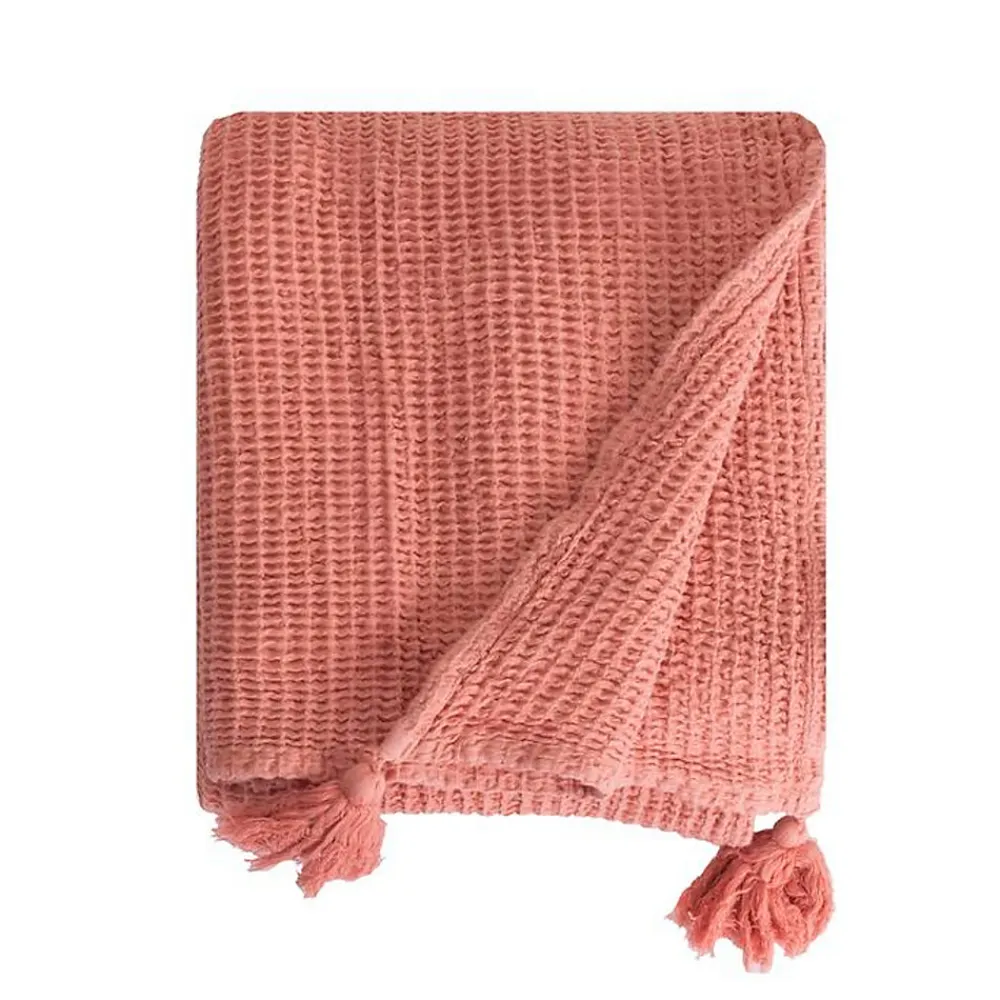 Couverture plaid 100% coton rose saumon avec pompons 130x170cm ARNISKA ->Sacasa New