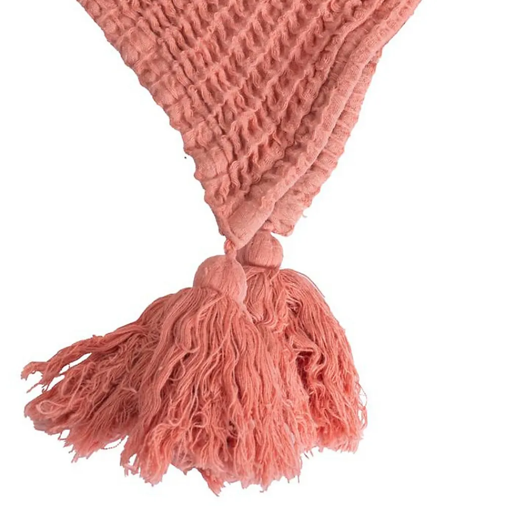 Couverture plaid 100% coton rose saumon avec pompons 130x170cm ARNISKA ->Sacasa New