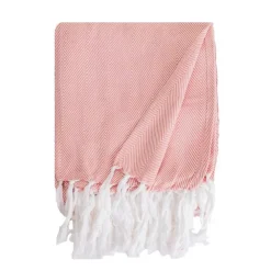 Sacasa Couverture plaid 100% coton rose saumon avec franges 180x220cm ZIGORA -* Boutis, Couvre-Lit, Édredon