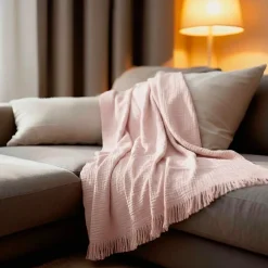 Sacasa Couverture plaid 100% coton rose pâle avec franges 130x170cm BITALD -* Boutis, Couvre-Lit, Édredon