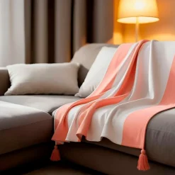 Sacasa Couverture plaid 100% coton rose saumon avec pompons 130x170cm SLAVANN -* Boutis, Couvre-Lit, Édredon