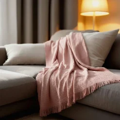 Sacasa Couverture plaid 100% coton rose saumon avec franges 180x220cm BITALD -* Boutis, Couvre-Lit, Édredon