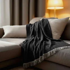 Sacasa Couverture plaid BITALD en coton 100 % - Noir avec franges - 130x170 cm -* Boutis, Couvre-Lit, Édredon