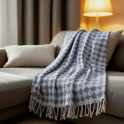 Couverture plaid DROPALL 100% coton bleu marine et blanc 130x170 cm ->Sacasa