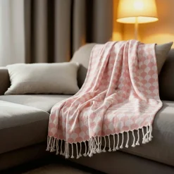 Couverture plaid DROPALL en coton 100% - Rose saumon et blanc avec franges ->Sacasa Sale