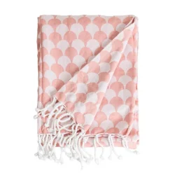 Couverture plaid DROPALL en coton 100% - Rose saumon et blanc avec franges -><noscript><img width=