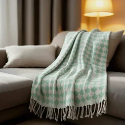 Couverture plaid en coton 100% vert à franges - DROPALL ->Sacasa Outlet