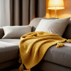 Couverture plaid jaune en coton 100% avec franges - 130x170 cm -><noscript><img width=