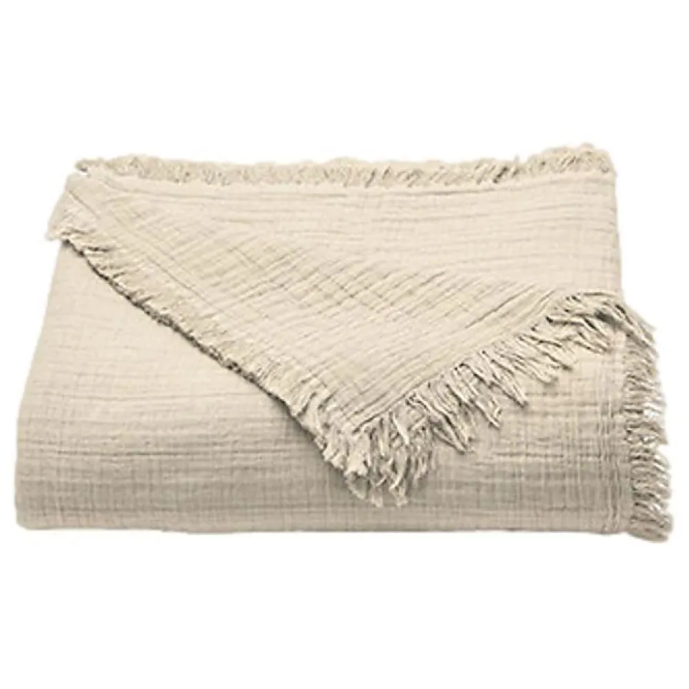 Couvre lit à franges "Brehat" Gaze de Coton stonewashed - Brehat Galet - 270 x 250 cm>Toison d'Or Sale