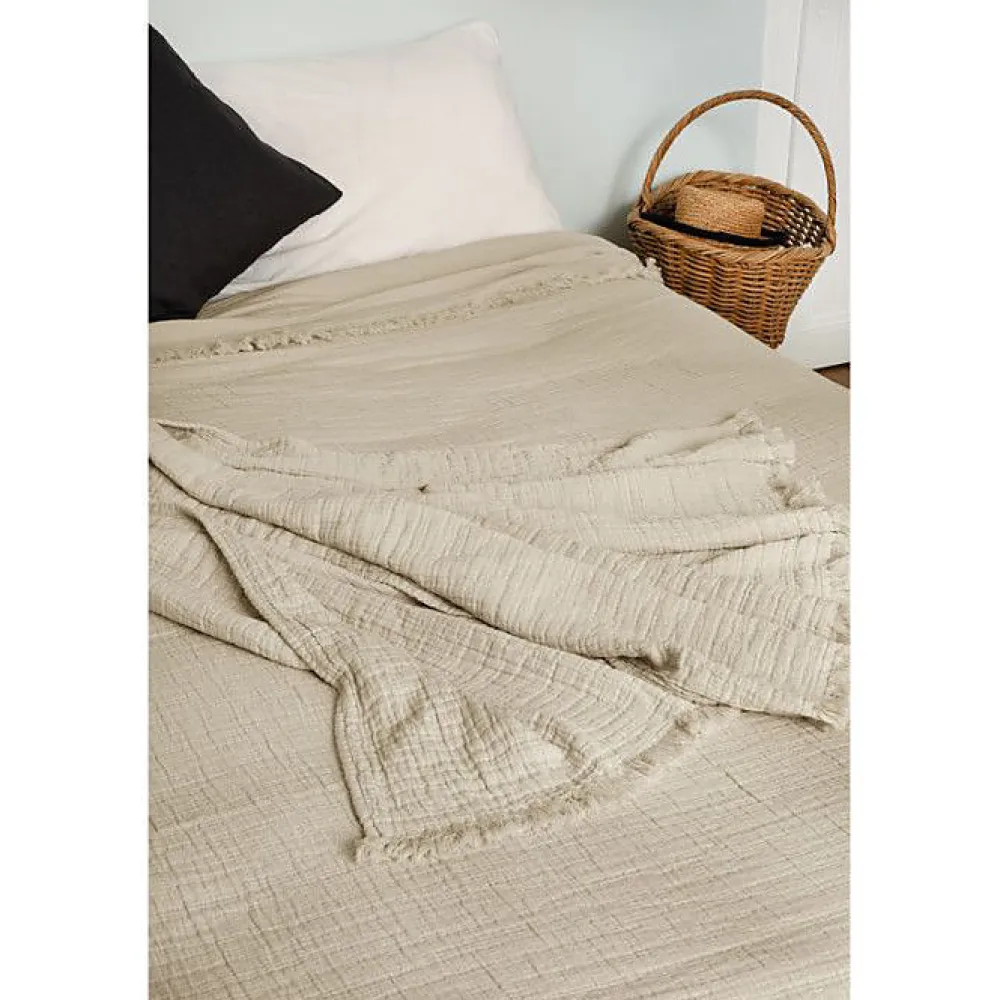 Couvre lit à franges "Brehat" Gaze de Coton stonewashed - Brehat Galet - 270 x 250 cm>Toison d'Or Sale