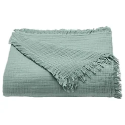 Couvre lit à franges "Brehat" Gaze de Coton stonewashed - Brehat Lichen - 180 x 250 cm>Toison d'Or