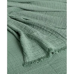 Couvre lit à franges "Brehat" Gaze de Coton stonewashed - Brehat Lichen - 180 x 250 cm>Toison d'Or
