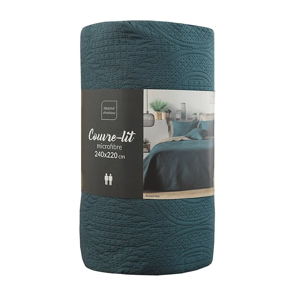 Douceur D'Intérieur Couvre-lit 2 personnes matelassé 220x240 microfibre unie Romane bleu* Boutis, Couvre-Lit, Édredon
