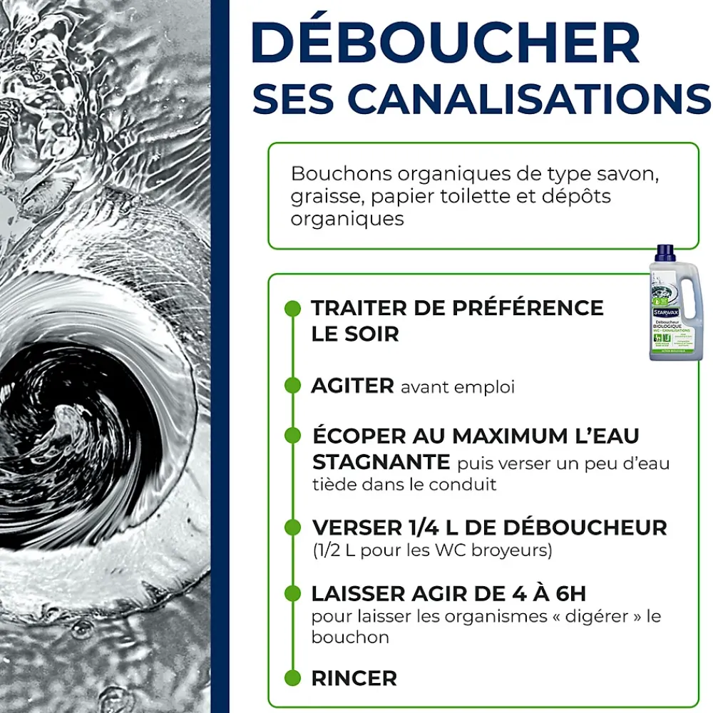 Starwax Déboucheur biologique 1L sans acide sans soude* Déboucheur