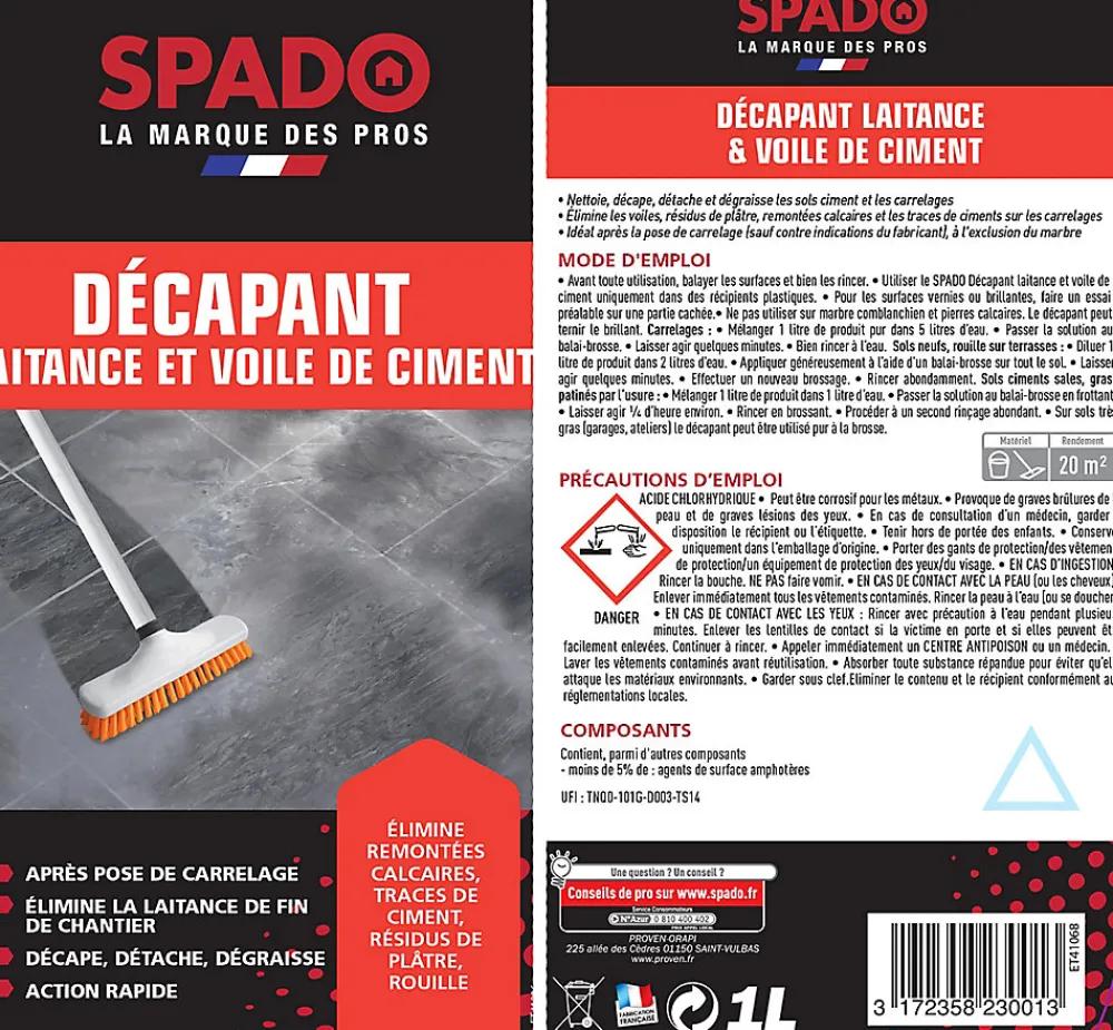 Décapant laitance et voile de ciment professionnel 1L>Spado Hot