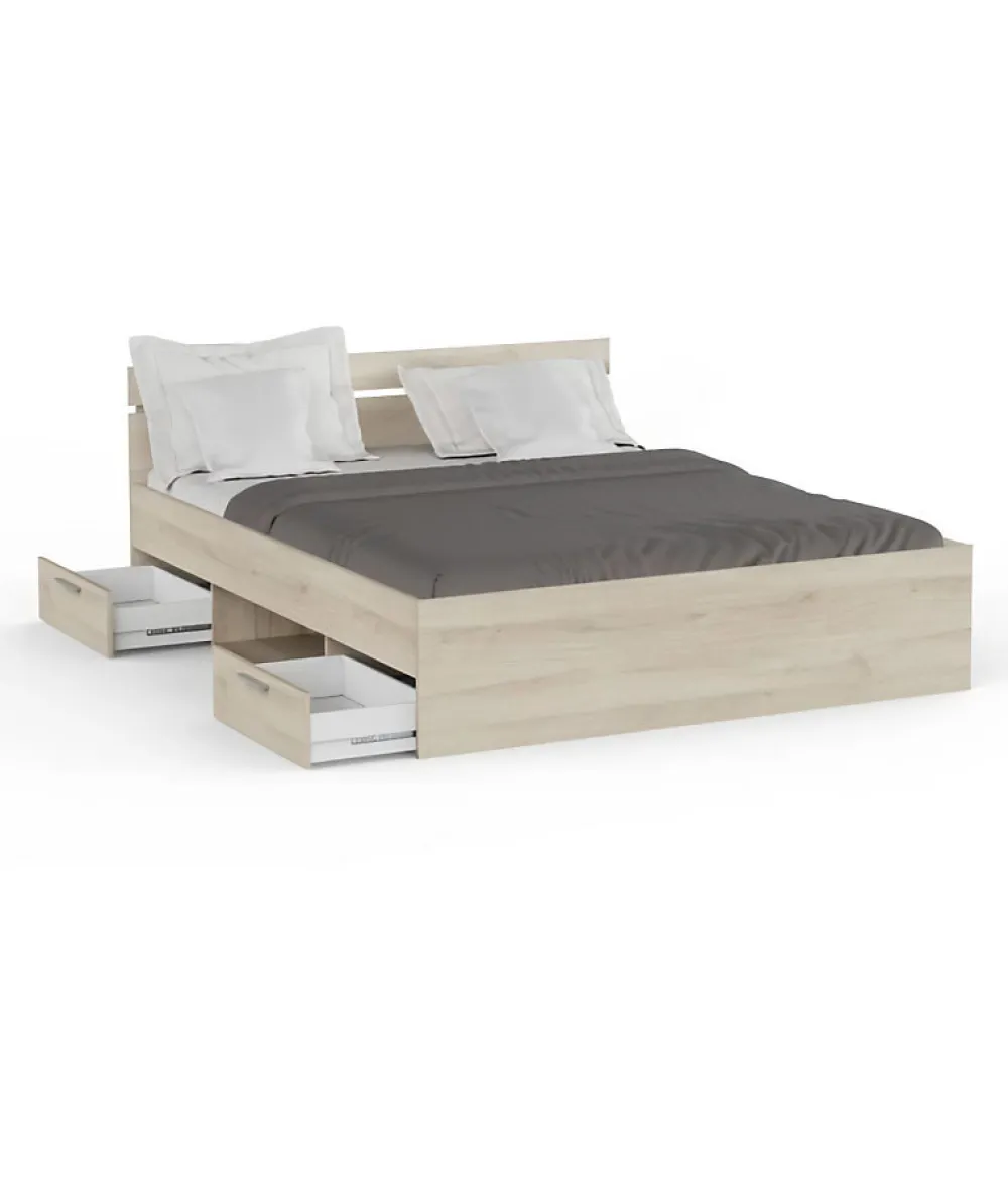 Demeyere Lit adulte MICHIGAN - 160 x 200 cm - Mulitiples rangements - Chene brossé* Lit Coffre