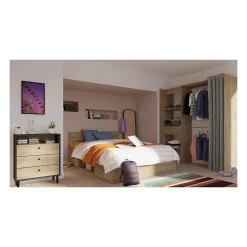 Demeyere Lit adulte MICHIGAN - 160 x 200 cm - Mulitiples rangements - Chene brossé* Lit Coffre