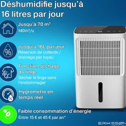 Eriksson Deshumidificateur - Dry Pro Plus - Blanc - Déshumidifie jusqu'à 16 litres par jour* Déshumidificateur D'Air