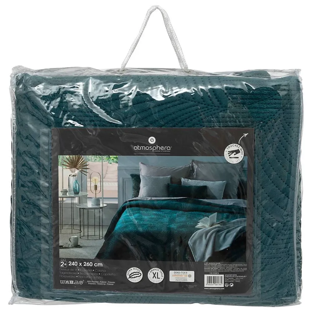 Atmosphera Créateur D'Intérieur Dessus de lit Feuille - velours - bleu canard 240x260 cm - Atmosphera* Boutis, Couvre-Lit, Édredon