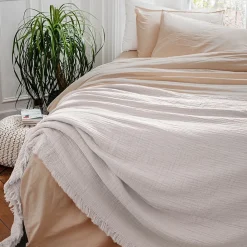Dessus de lit frange 270x250 cm BREHAT 100% gaze de coton blanc>Linnea Discount