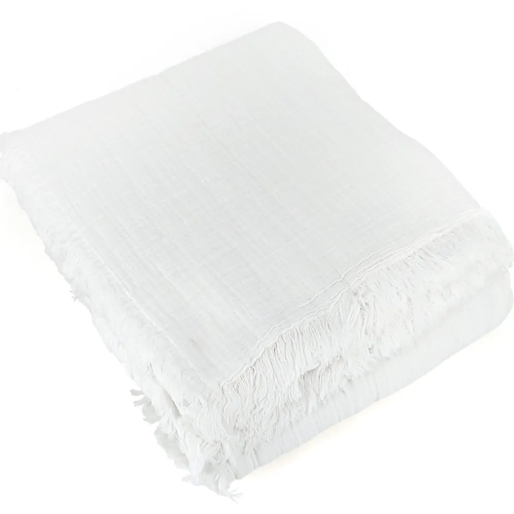 Dessus de lit frange 270x250 cm BREHAT 100% gaze de coton blanc>Linnea Discount