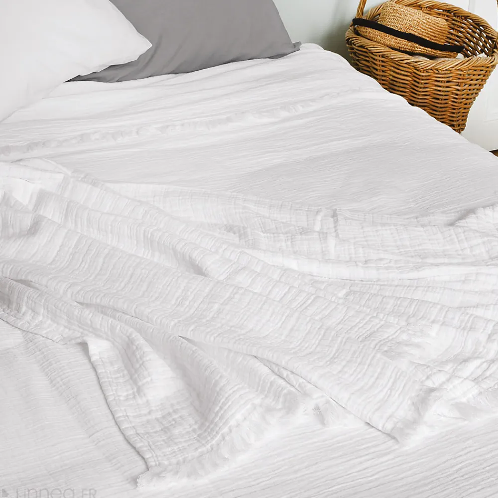 Dessus de lit frange 270x250 cm BREHAT 100% gaze de coton blanc>Linnea Discount