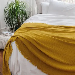 Dessus de lit 230x250 cm BREHAT 100% gaze de coton jaune miel>Linnea New