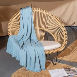 Dessus de lit 230x250 cm BREHAT 100% gaze de coton bleu orage><noscript><img data-lazyloaded=