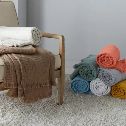 Linnea Dessus de lit 180x250 cm BREHAT 100% gaze de coton orange corail* Boutis, Couvre-Lit, Édredon
