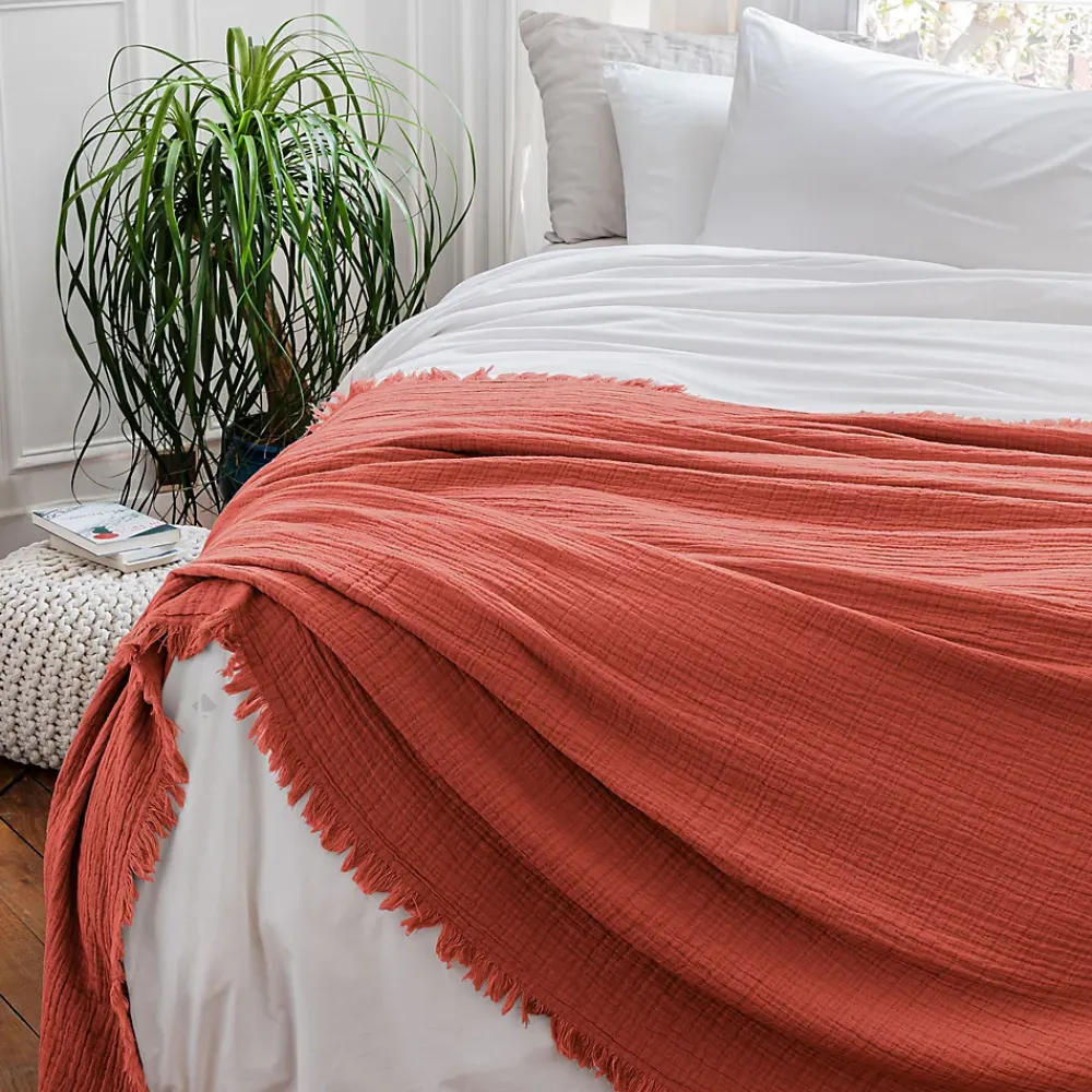 Linnea Dessus de lit 180x250 cm BREHAT 100% gaze de coton orange corail* Boutis, Couvre-Lit, Édredon