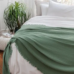 Dessus de lit 230x250 cm BREHAT 100% gaze de coton vert lichen>Linnea Sale