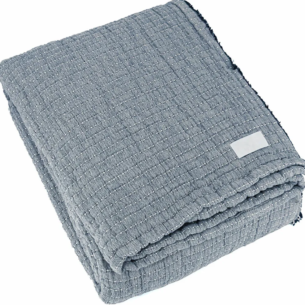 Linnea Dessus de lit 230x250 cm en coton lavé SEVILLE bleu abysse* Boutis, Couvre-Lit, Édredon