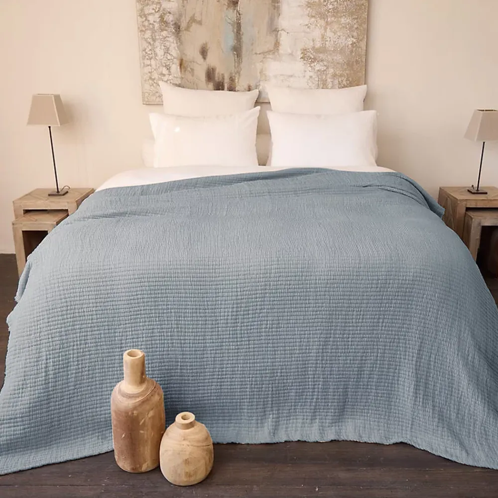 Linnea Dessus de lit 230x250 cm en coton lavé SEVILLE bleu abysse* Boutis, Couvre-Lit, Édredon