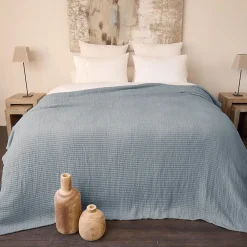 Dessus de lit 270x250 cm en coton lavé SEVILLE bleu abysse>Linnea Discount