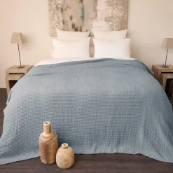 Dessus de lit 180x250 cm en coton lavé SEVILLE bleu abysse>Linnea