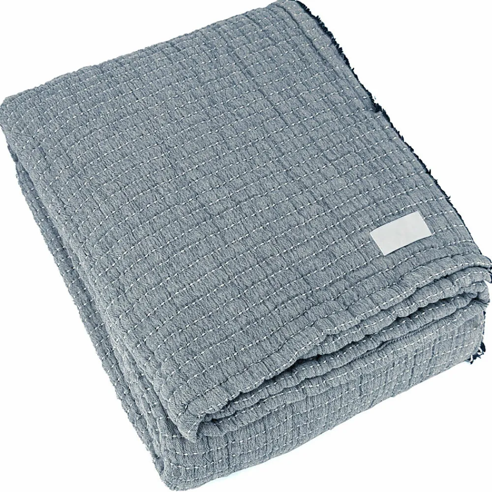 Dessus de lit 180x250 cm en coton lavé SEVILLE bleu abysse>Linnea