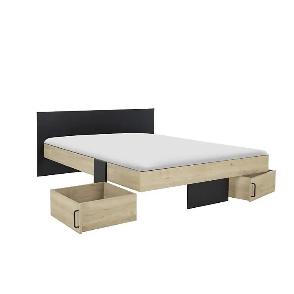 Diagone Lit adulte avec tiroirs de rangement - Chataignier et noir - 160 x 200 - SWIVEL* Lit Double