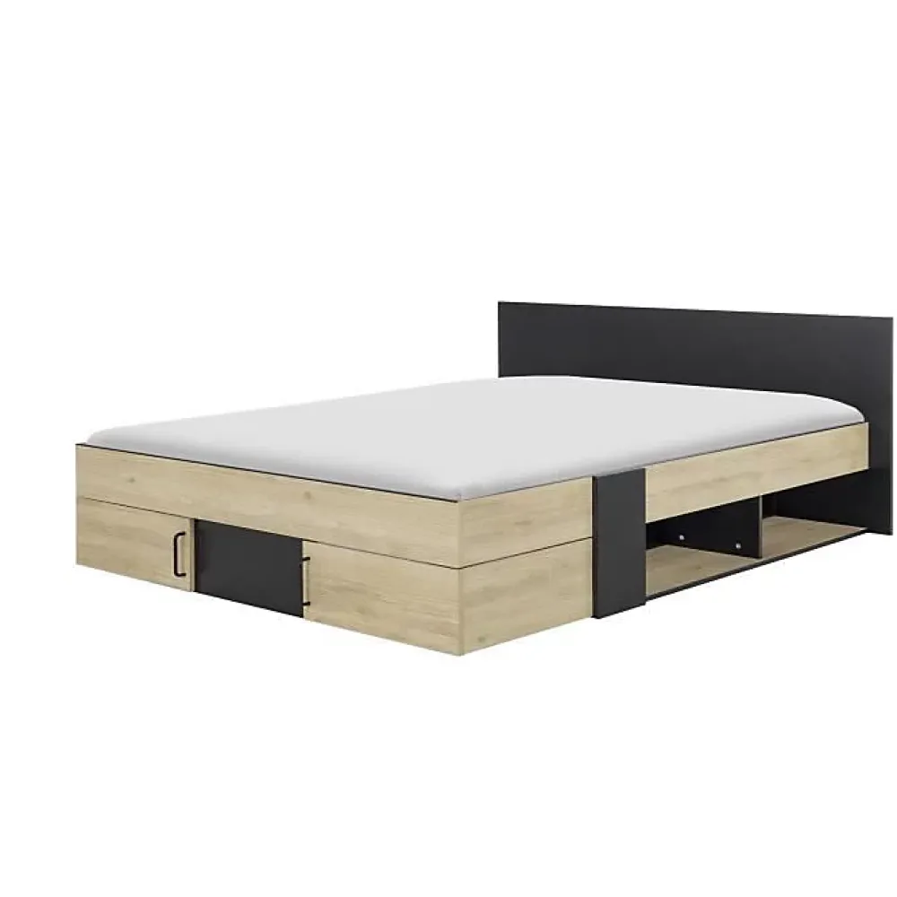 Diagone Lit adulte avec tiroirs de rangement - Chataignier et noir - 160 x 200 - SWIVEL* Lit Double
