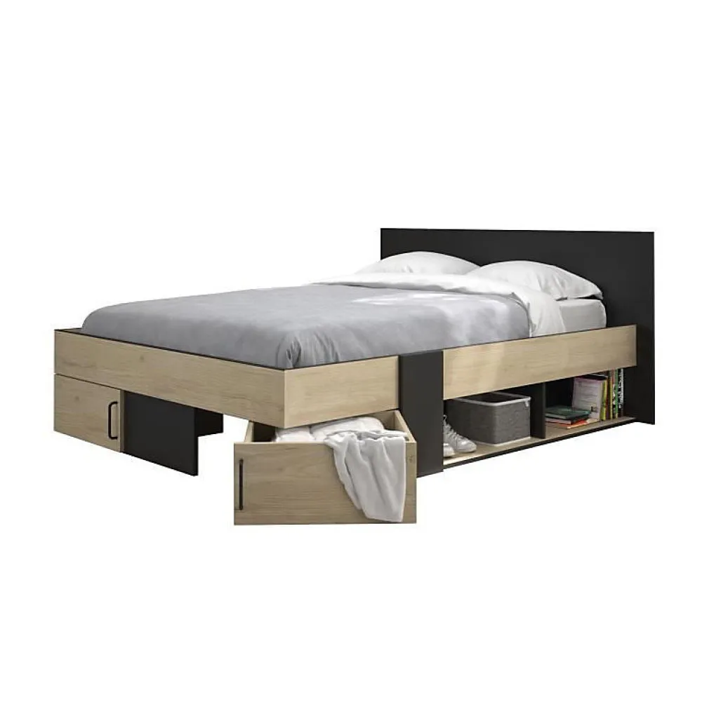 Diagone Lit adulte avec tiroirs de rangement - Chataignier et noir - 160 x 200 - SWIVEL* Lit Double