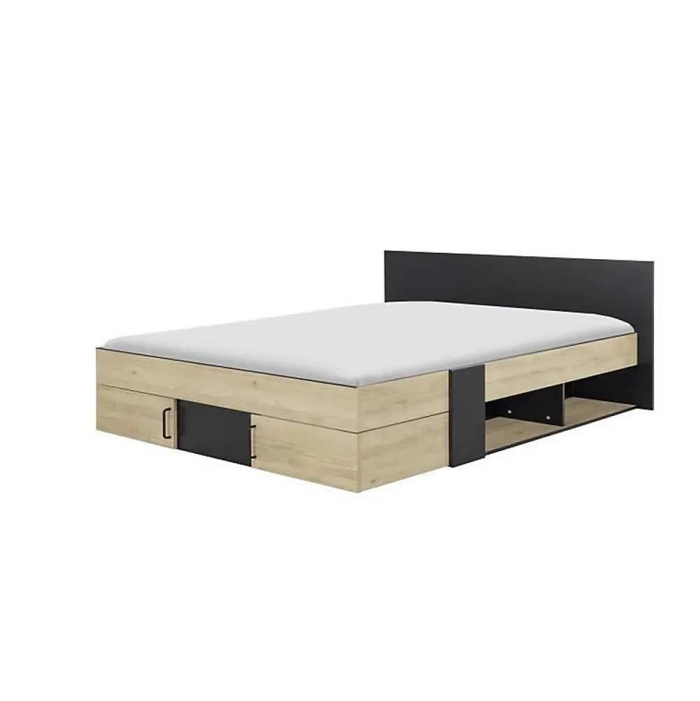 Diagone Lit adulte avec tiroirs de rangement - Chataignier et noir - 160 x 200 - SWIVEL* Lit Double