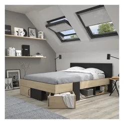 Diagone Lit adulte avec tiroirs de rangement - Chataignier et noir - 160 x 200 - SWIVEL* Lit Double