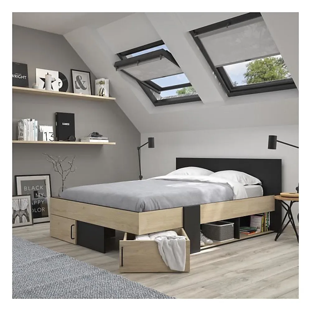 Diagone Lit adulte avec tiroirs de rangement - Chataignier et noir - 160 x 200 - SWIVEL* Lit Double